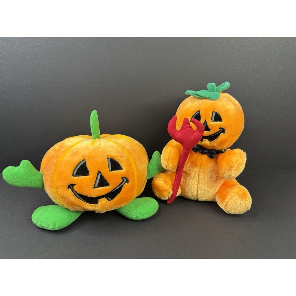 Novelty Halloween Plush Pumpkin Lot Of 2 Jack -O-Lantern And Devil